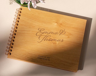 Sweet Romance Personalized Wood Wedding Guest Book [Engraved Photo Album, Custom Gift, Anniversary, Engagement, Bridal Shower, Reception]