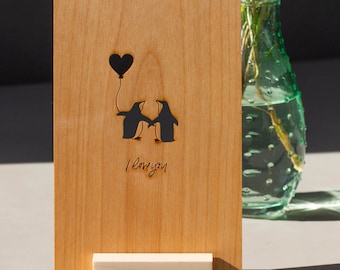Penguin Love Wood Card [Valentine's Day Card, Wood Anniversary Card, Penguin Lover Gift, 5th Wedding Anniversary Card, Card for Boyfriend]