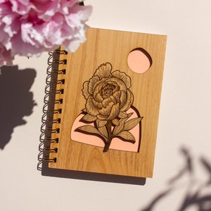 Blooming Peony Wood Journal Flower Notebook, Sketchbook, Spiral Bound, Blank Pages, Gifts for Her, Just Because image 1