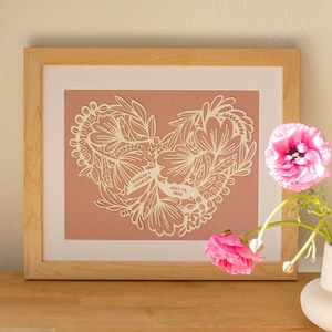 Woodblock Heart Paper Cut Art Print [Personalized Wedding Gift, Paper Anniversary, First Anniversary, Anniversary Gift, Mother’s Day Gift]