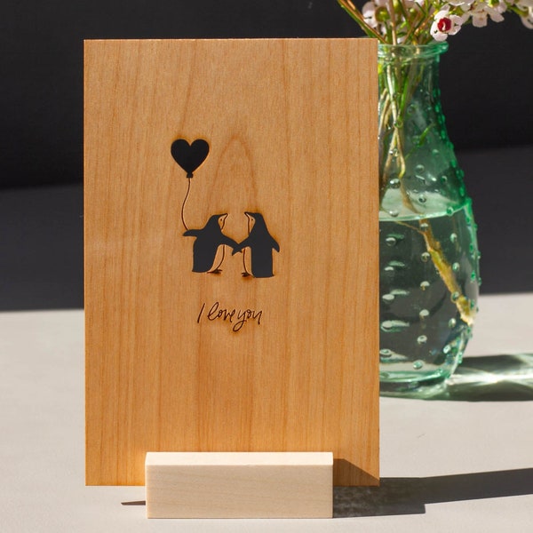 Penguin Love Wood Card [Valentine's Day Card, Wood Anniversary Card, Penguin Lover Gift, 5th Wedding Anniversary Card, Card for Boyfriend]