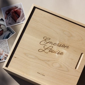 Romantic Script Large Wood Personalized Keepsake Box [Wood 5th Anniversary Gift, Engagement Gift Box, New Baby Wood Memory Box]