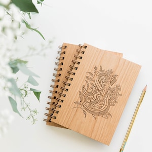 Floral Monogrammed Wood Notebook [Letters, Wooden Notebook, Laser Cut Wood Journal, Sketchbook, Spiral Bound, Blank Pages, Monogram Initial]