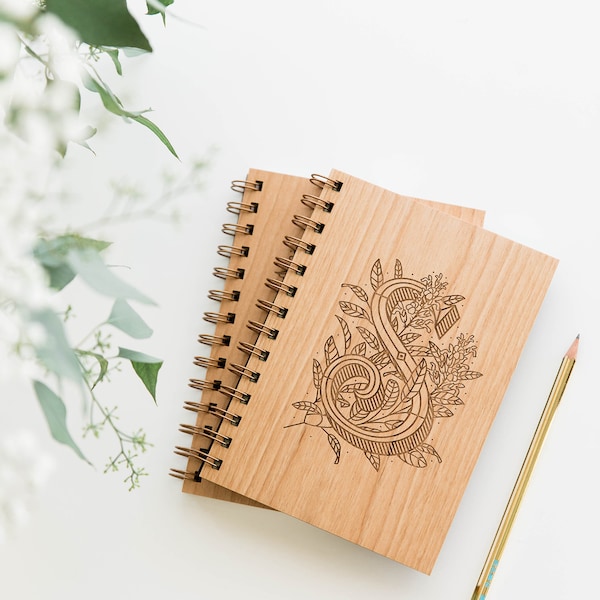 Floral Monogrammed Wood Notebook [Letters, Wooden Notebook, Laser Cut Wood Journal, Sketchbook, Spiral Bound, Blank Pages, Monogram Initial]