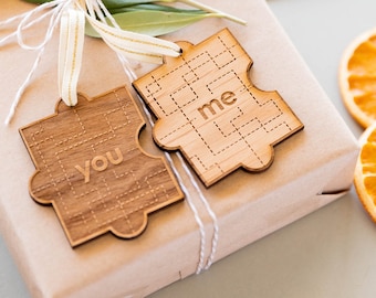 You & Me Puzzle Piece Wood Pair Ornament [Valentine's Day Gift, 5 Year Anniversary Gift, Personalized, Wedding Ornament, Puzzle Lover Gift]