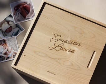 Romantic Script Large Wood Personalized Keepsake Box [Wood 5th Anniversary Gift, Engagement Gift Box, New Baby Wood Memory Box]