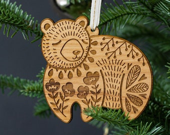 Bear Folk Art Wood Ornament [Scandinavian Christmas, Personalized Gifts, Holiday Decor, Stocking Stuffers, Nordic Christmas, Bear Ornament]