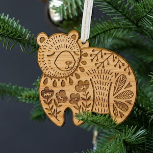 Bear Folk Art Wood Ornament Scandinavian Christmas, Personalized Gifts, Holiday Decor, Stocking Stuffers, Nordic Christmas, Bear Ornament image 1