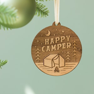 Happy Camper Wood Ornament [Camping Ornament, Hiking Ornament, Gift for Nature Lover, Personalized Gift, Stocking Stuffers, Travel Gift]
