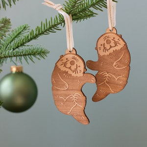 Otters Pair Ornament (Comes with 2) [Valentine's Day Gift, Sea Otters Ornament, Otter Gift, Love Ornament, Wood Ornament, Couple Ornament]