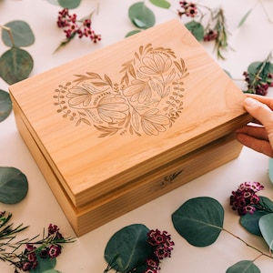 Woodblock Heart Wood Keepsake Box Fifth Anniversary Gift, Wood Box, Floral Heart Wedding Memory Box, Engagement Gift Box, Baby Memorial image 5