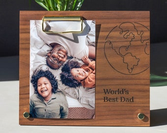 World's Best Dad Wood Picture Frame [Personalized Photo Frame, Father In Law Gift, Dad Globe Frame, Birthday Gifts for Dad, Loss of Father]