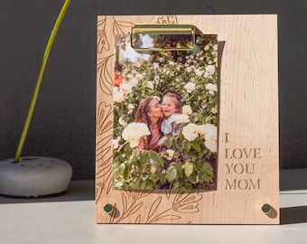 I Love You Mom Floral Wood Picture Frame [Mother's Day Frame, Personalized 4x6 Photo Frame, Mom Wood Frame, Loss of Mother, Gift for Her]