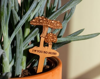 I Love You So Mush Mushroom Wood Plant Pick [Valentine's Day Gift, Plant Pun, Gifts for Her, Plant Lovers, Gift for Boyfriend, Husband, Dad]