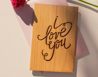 I Love You Calligraphy Wood Card [Wood Anniversary Card, Personalized Gifts, Custom Message, Wedding Anniversary, Birthday Wooden Card]