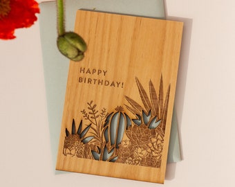 Desert Garden Wooden Birthday Card [Personalized Birthday Card, Custom Message, Handmade, 21st Birthday Card, Wood Card, Cactus Card]