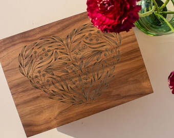 Floral Heart Wood Keepsake Memory Box [New Baby Gift, Wood Anniversary Wood Box, Jewelry Box, Wedding Card Box, Engagement Gift Box]