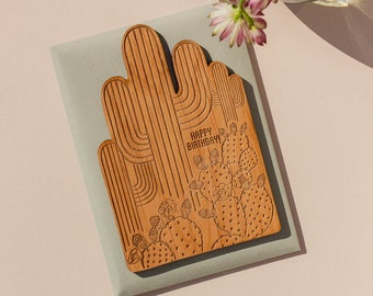 Cactus Shape Wood Birthday Card [Personalized Gifts, Custom Message, Handmade]