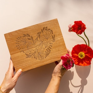 Woodblock Heart Wood Keepsake Box Fifth Anniversary Gift, Wood Box, Floral Heart Wedding Memory Box, Engagement Gift Box, Baby Memorial image 1