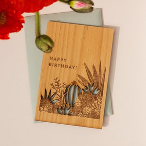 Desert Garden Wooden Birthday Card [Personalized Birthday Card, Custom Message, Handmade, 21st Birthday Card, Wood Card, Cactus Card]