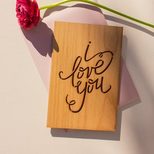 I Love You Calligraphy Wood Card [Wood Anniversary Card, Personalized Gifts, Custom Message, Wedding Anniversary, Birthday Wooden Card]