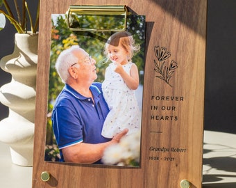Forever In Our Hearts Memorial Personalized Wood Frame [Custom Engraved Photo  Picture Clip Display, Memory, Remembrance]