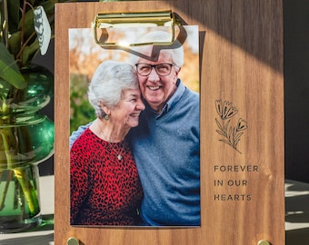 Forever In Our Hearts Memorial Wood Frame [Engraved Photo  Display, Picture Clip, Bereavement, In Memoriam, Remembrance, Sympathy]