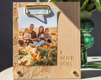 I Love You Floral Wood Frame [Valentine's Day Gift, Custom Engraved Photo Display, Wood Anniversary Photo Frame, 4x6 Picture Frame for Her]