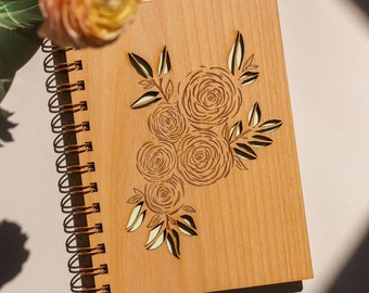 Ranunculus Wood Journal [Spiral Notebook, Sketchbook, Wooden Journal for Women, 21st Birthday Gifts for Her, Flower, Best Friend Gift]