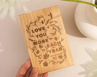 I Love You More Each Year Anniversary Wood Card [Wood Anniversary, Personalized Gifts for Her, Wedding Anniversary, Card for Boyfriend]