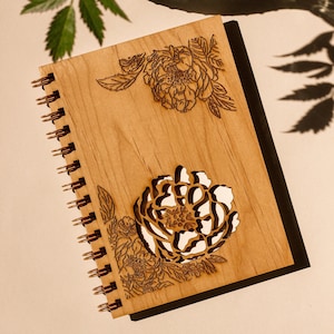 Peonies Wood Journal Notebook, Sketchbook, Spiral Bound, Blank Pages, Gifts for Her, Birthday, Just Because image 1