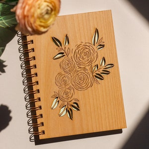 Ranunculus Wood Journal [Spiral Notebook, Sketchbook, Wooden Journal for Women, 21st Birthday Gifts for Her, Flower, Best Friend Gift]