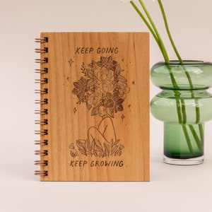 Keep Going Keep Growing Wood Journal Notebook, Sketchbook, Spiral Bound, Blank Pages, Gifts for Her, Just Because image 1