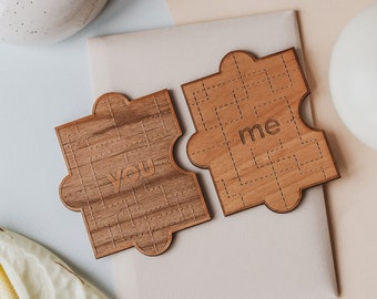 You & Me Puzzle Piece Wood Card [Valentine's Day Gift, Pair Puzzle Pieces Card, Wedding Anniversary Wooden Card, Personalized Gifts for Her]