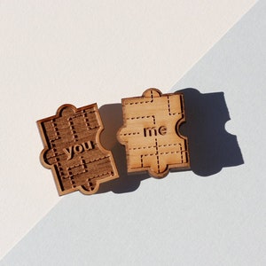 You & Me Puzzle Piece Wood Pin Gifts for All Occasions, Buttons, Badge, Lapel, Handmade, Birthday, Just Because image 1