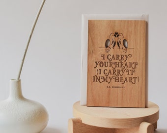 I Carry Your Heart Lovebirds E.E. Cummings Wood Card [Personalized Wooden Gift, Custom Message, 5th Wedding Anniversary, Miscarriage Card]