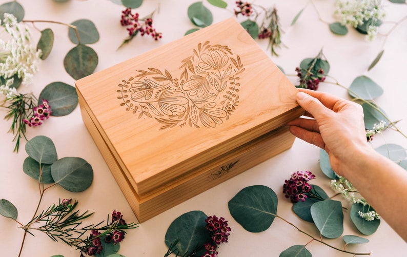 Woodblock Heart Wood Keepsake Box Fifth Anniversary Gift, Wood Box, Floral Heart Wedding Memory Box, Engagement Gift Box, Baby Memorial image 5