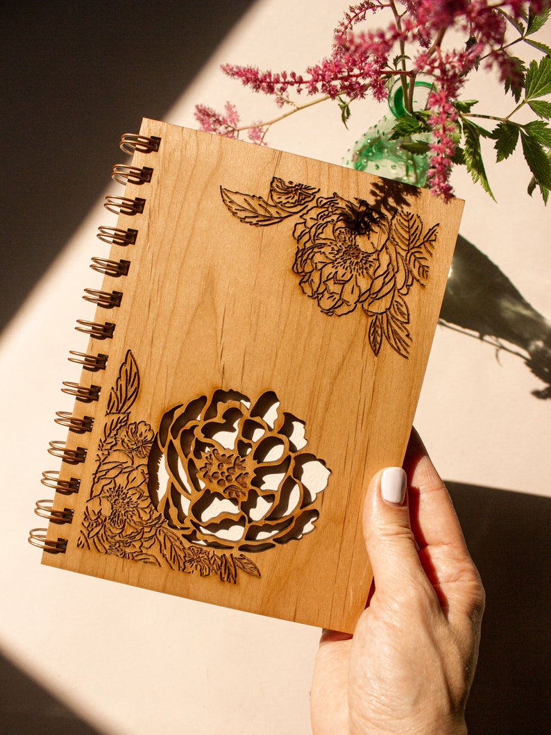 Peonies Wood Journal Notebook, Sketchbook, Spiral Bound, Blank Pages, Gifts for Her, Birthday, Just Because image 2