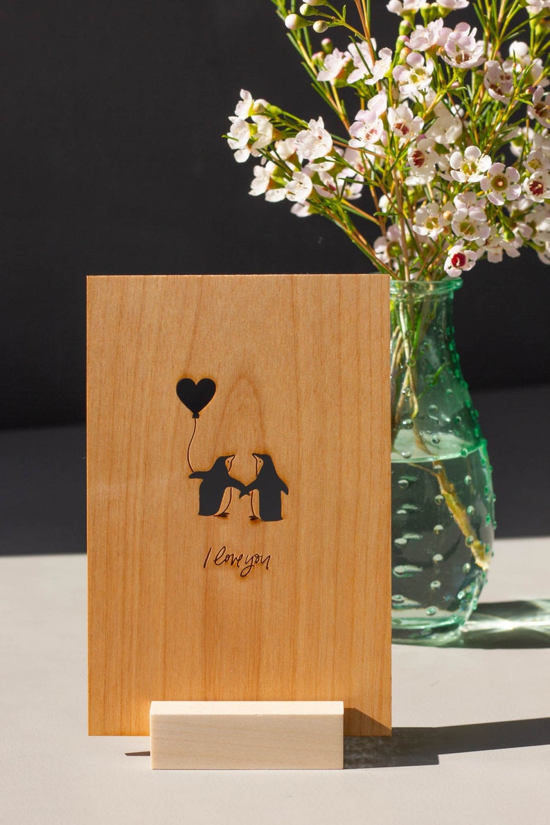 Penguin Love Wood Card Valentine's Day Card, Wood Anniversary Card, Penguin Lover Gift, 5th Wedding Anniversary Card, Card for Boyfriend No custom message