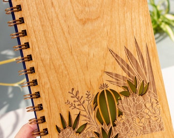 Desert Garden Wood Journal notebook, Sketchbook, Spiral Bound, Blank Pages,  Gifts for Her, Him, Birthday, Just Because 