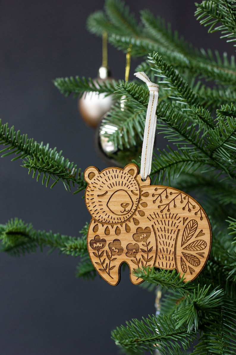 Bear Folk Art Wood Ornament Scandinavian Christmas, Personalized Gifts, Holiday Decor, Stocking Stuffers, Nordic Christmas, Bear Ornament image 1