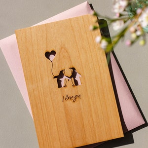 Penguin Love Wood Card Valentine's Day Card, Wood Anniversary Card, Penguin Lover Gift, 5th Wedding Anniversary Card, Card for Boyfriend Add typed message