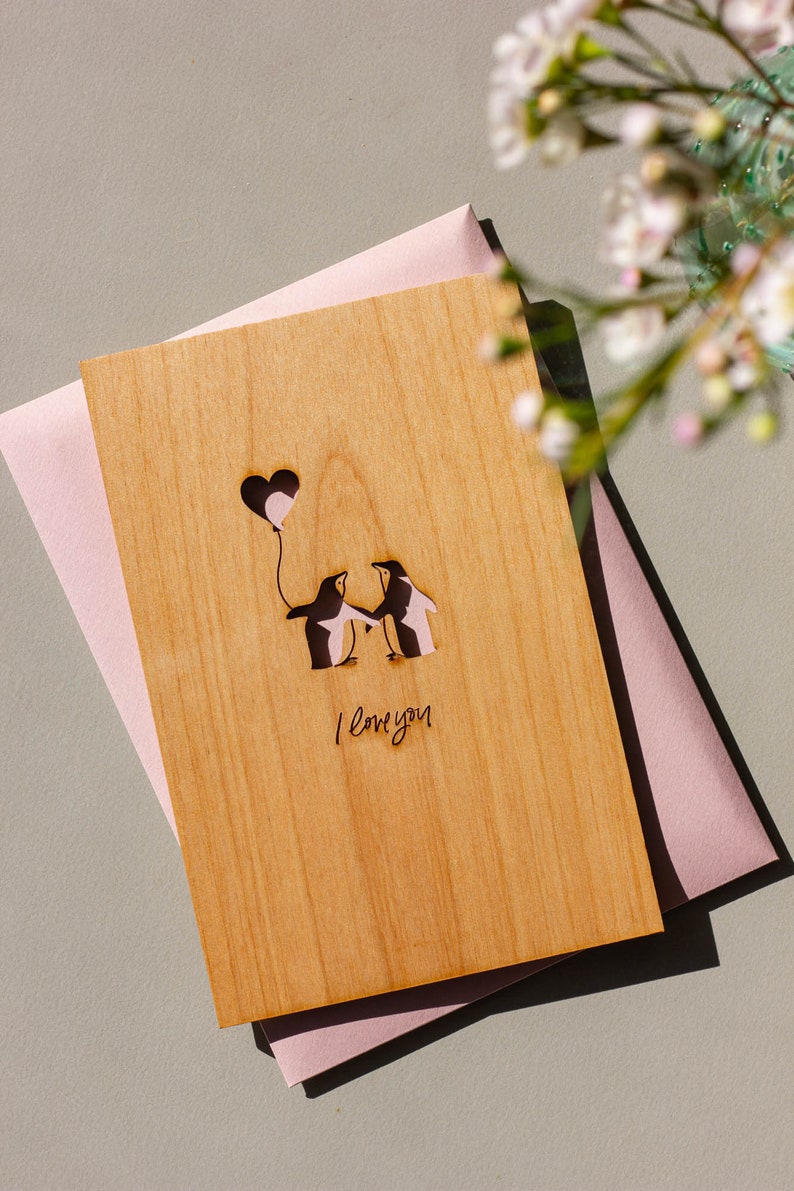 Penguin Love Wood Card Valentine's Day Card, Wood Anniversary Card, Penguin Lover Gift, 5th Wedding Anniversary Card, Card for Boyfriend Add typed message