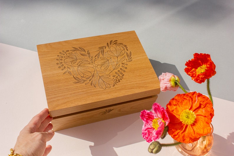 Woodblock Heart Wood Keepsake Box Fifth Anniversary Gift, Wood Box, Floral Heart Wedding Memory Box, Engagement Gift Box, Baby Memorial image 2