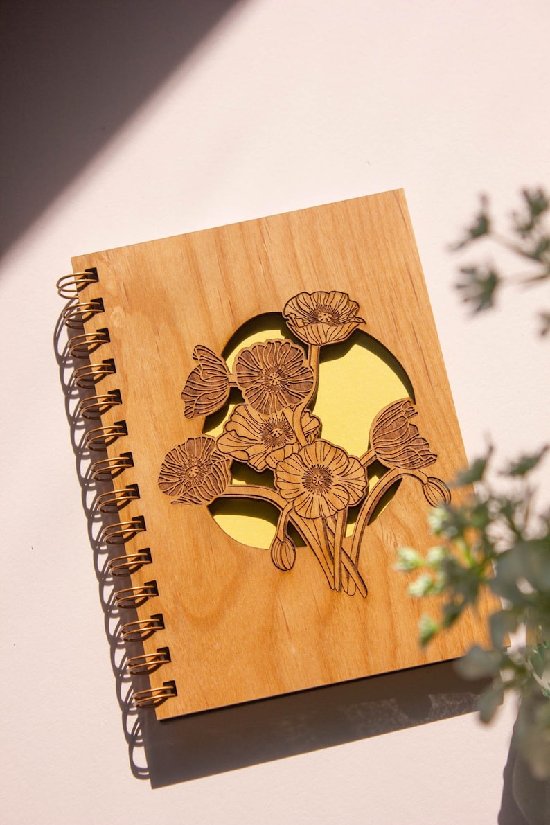 Icelandic Poppies Wood Journal Flower Notebook, Sketchbook, Spiral Bound, Blank Pages, Gifts for Her, Just Because image 1