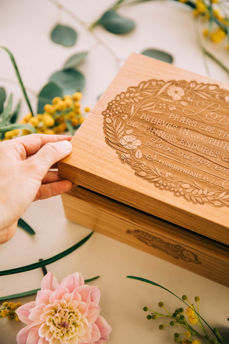 Love Never Ends Wooden Keepsake Box Love Bears All Things Gift, Engagement Box, Wood Wedding Anniversary Memory Box, Wood Jewelry Box image 4