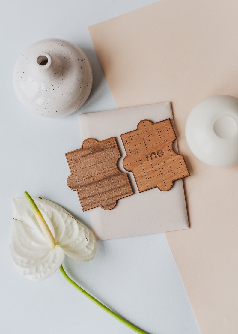 You & Me Puzzle Piece Wood Card Valentine's Day Gift, Pair Puzzle Pieces Card, Wedding Anniversary Wooden Card, Personalized Gifts for Her No custom message