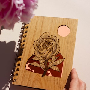 Blooming Peony Wood Journal Flower Notebook, Sketchbook, Spiral Bound, Blank Pages, Gifts for Her, Just Because image 2
