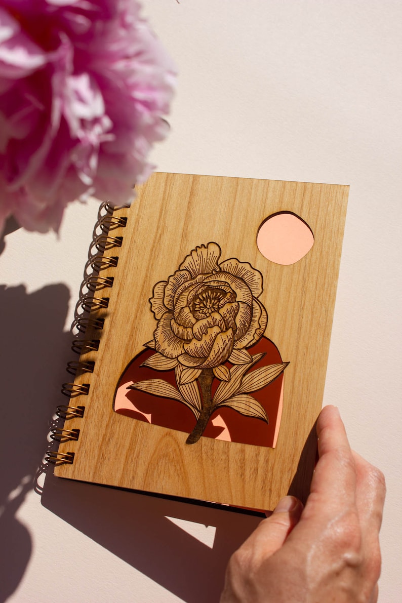 Blooming Peony Wood Journal Flower Notebook, Sketchbook, Spiral Bound, Blank Pages, Gifts for Her, Just Because image 2