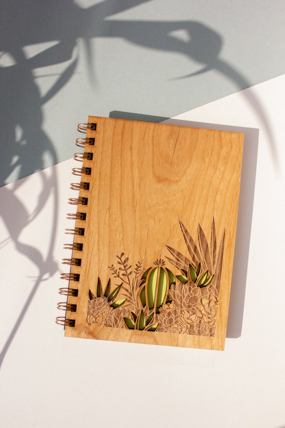 Desert Garden Wood Journal notebook, Sketchbook, Spiral Bound, Blank Pages,  Gifts for Her, Him, Birthday, Just Because 